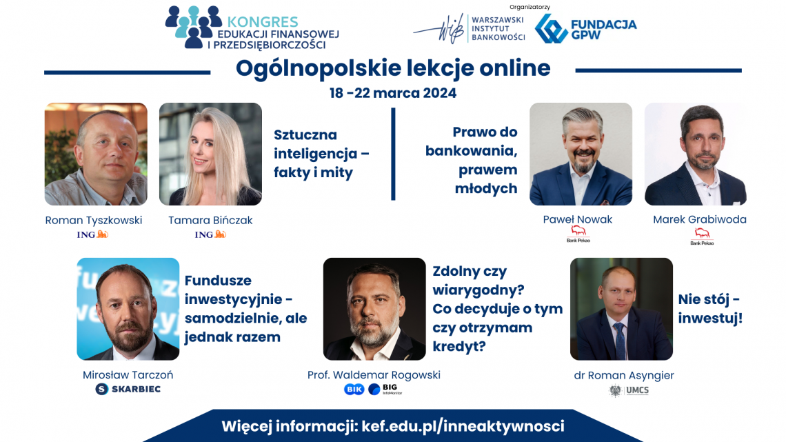 Ogólnopolskie lekcje online podczas Kongresu Edukacji Finansowej i Przedsiębiorczości (18-22 marca 2024 r.)