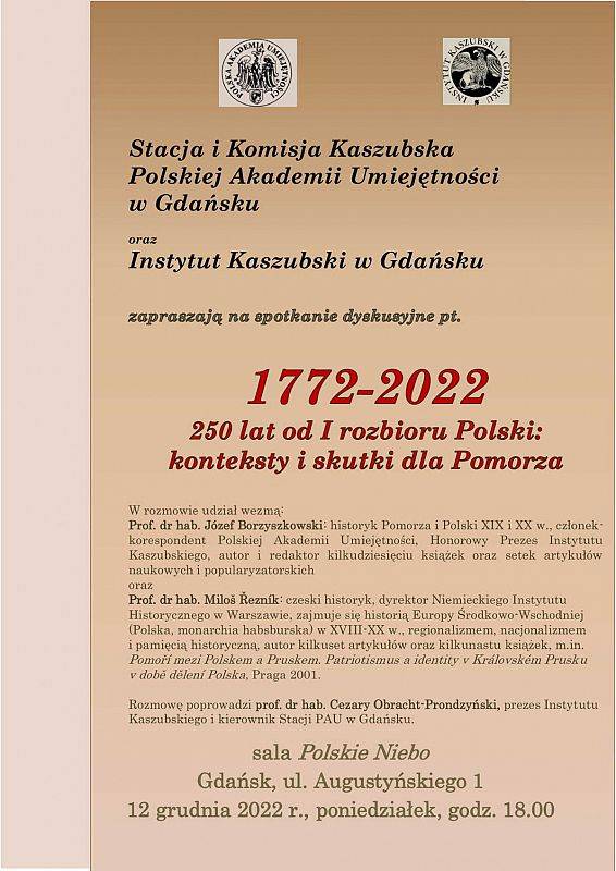 plakat - zaproszenie na spotkanie dyskusyjne 250 lat pierwszego rozbioru. Źródło: Instytut Kaszubski w Gdańsku